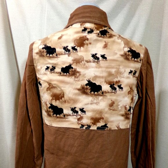 Western Snap up Shirt Jacket XS Brown Siennas Moose scene Corduroy Southwestern - Picture 6 of 7